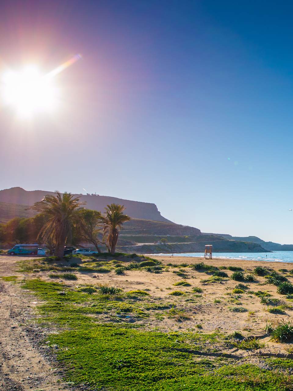Ein Strand mit Palmen an türkisem Wasser